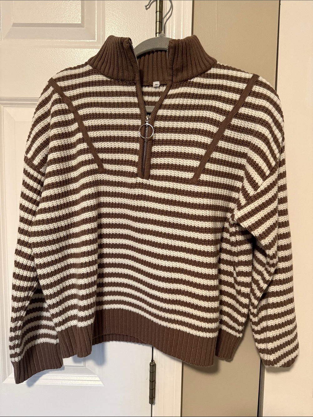 Amazon Brown and Cream Striped V-Neck Half-Zip Sweater